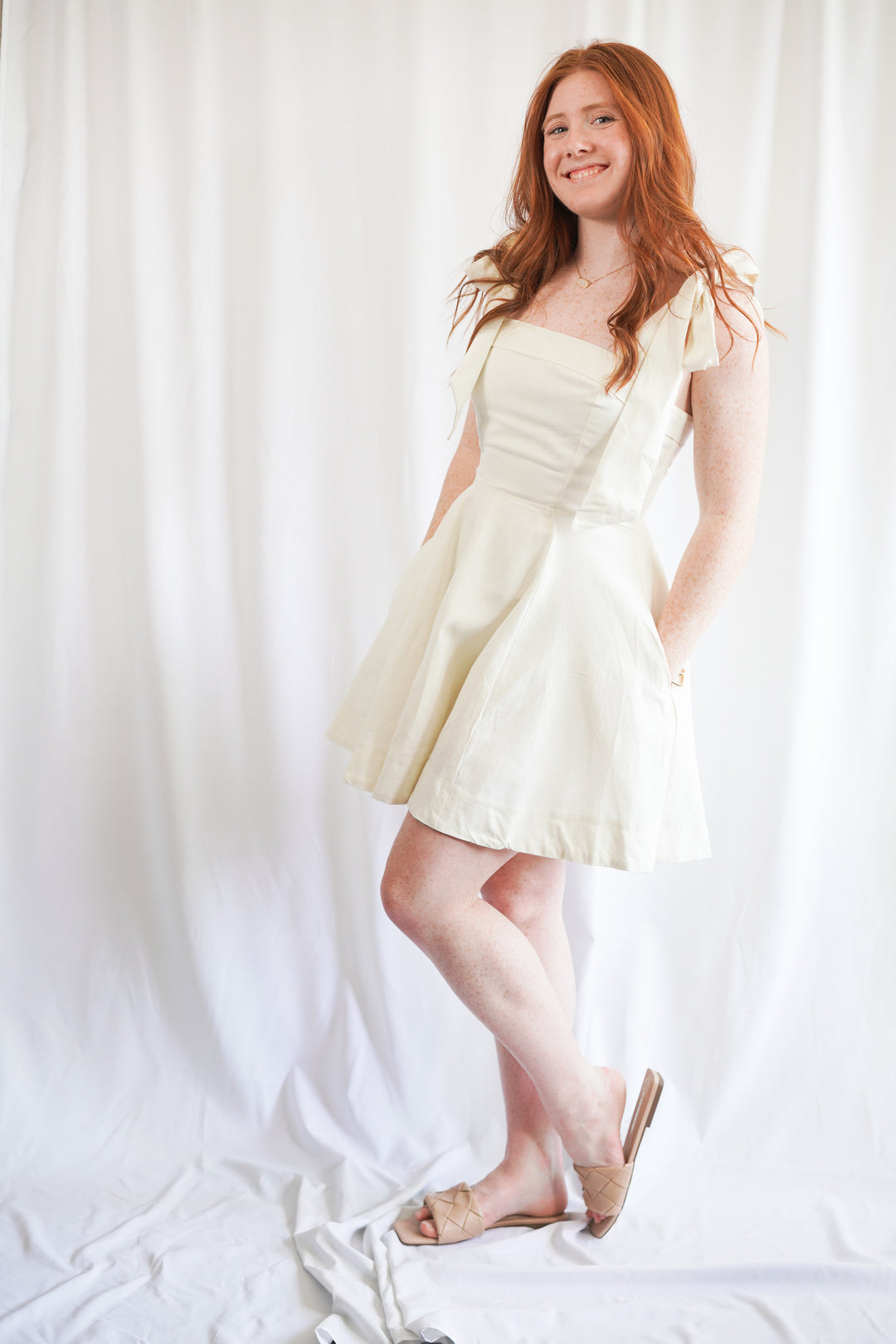 white linen shoulder tie mini dress with pockets