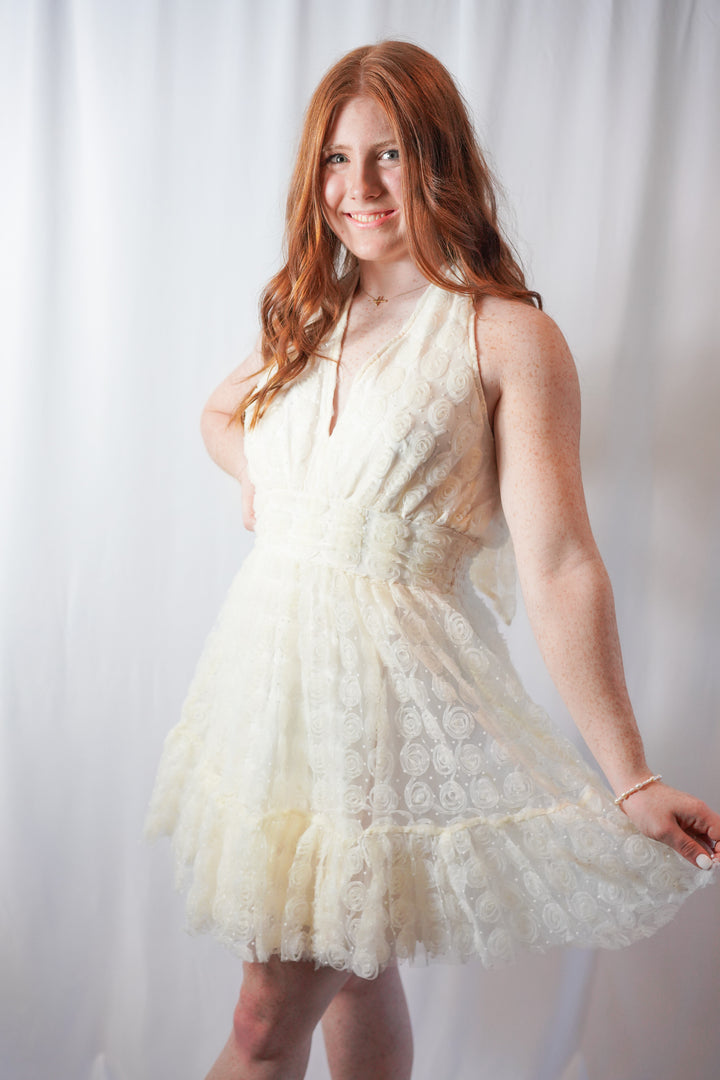 White Rose Detail White Halter Dress with a tulle skirt, halter neckline that ties in a classic bow 