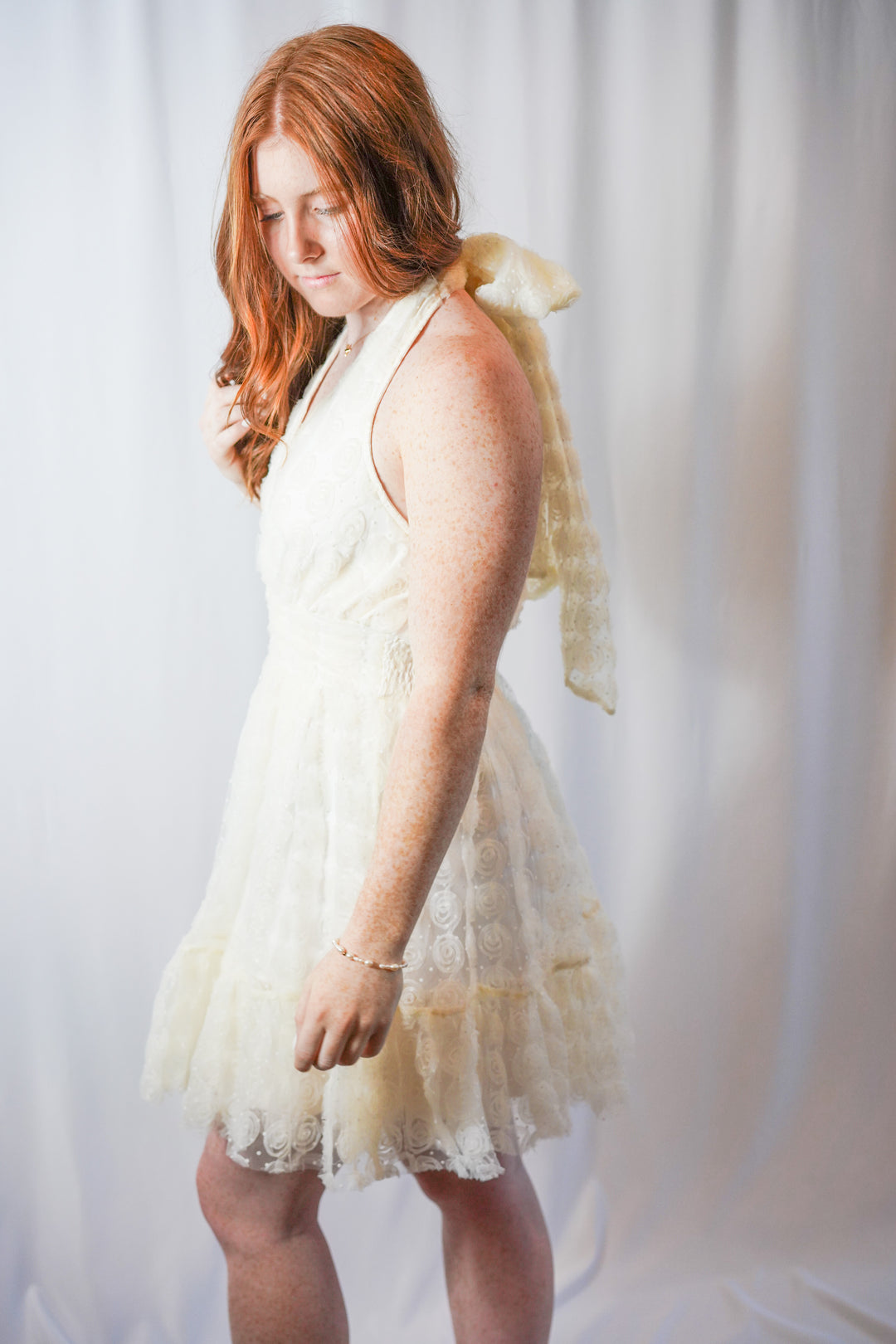 White Rose Detail White Halter Dress with a tulle skirt, halter neckline that ties in a classic bow 