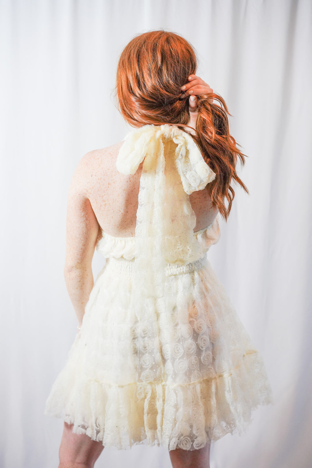 White Rose Detail White Halter Dress with a tulle skirt, halter neckline that ties in a classic bow 