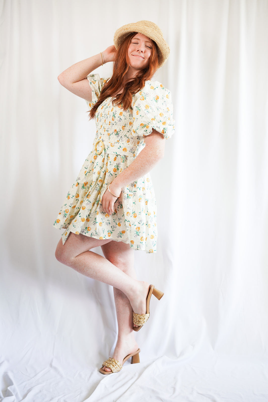 embroidered floral belted mini dress with a short puff sleeve and square neck