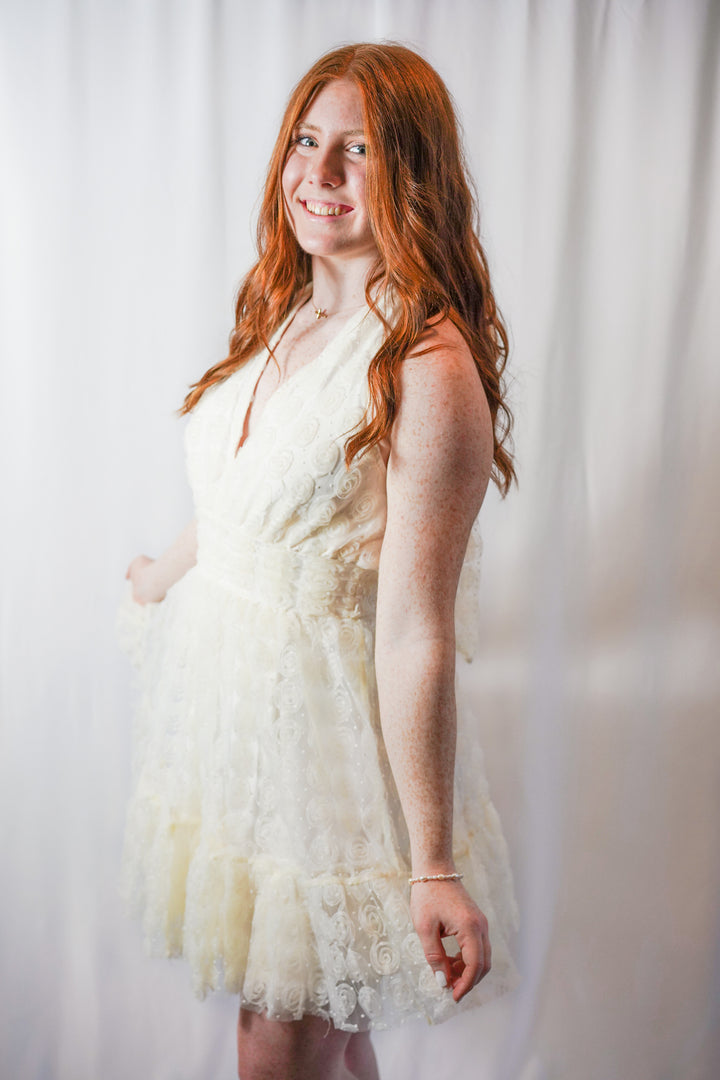 White Rose Detail White Halter Dress with a tulle skirt, halter neckline that ties in a classic bow 