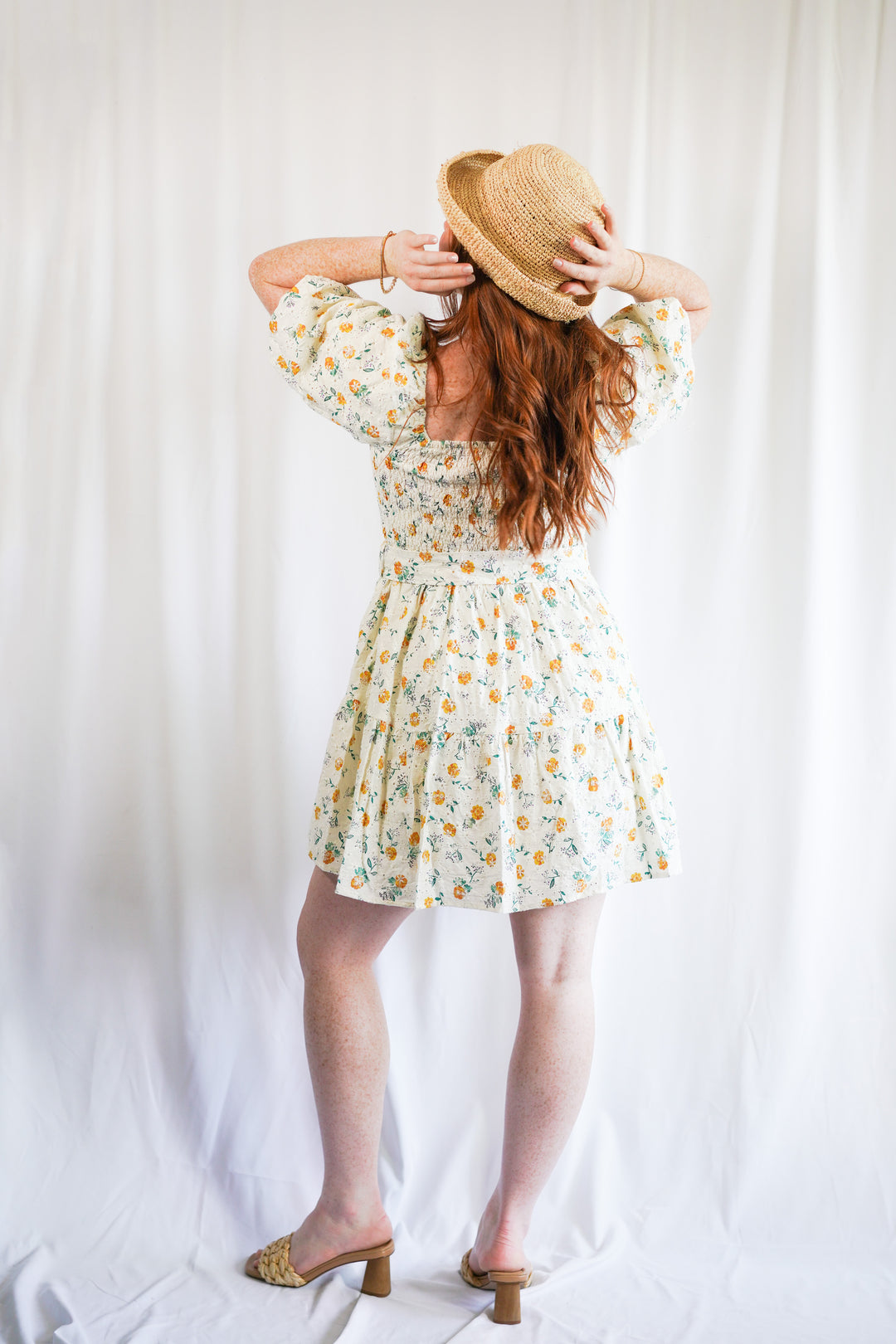 embroidered floral belted mini dress with a short puff sleeve and square neck