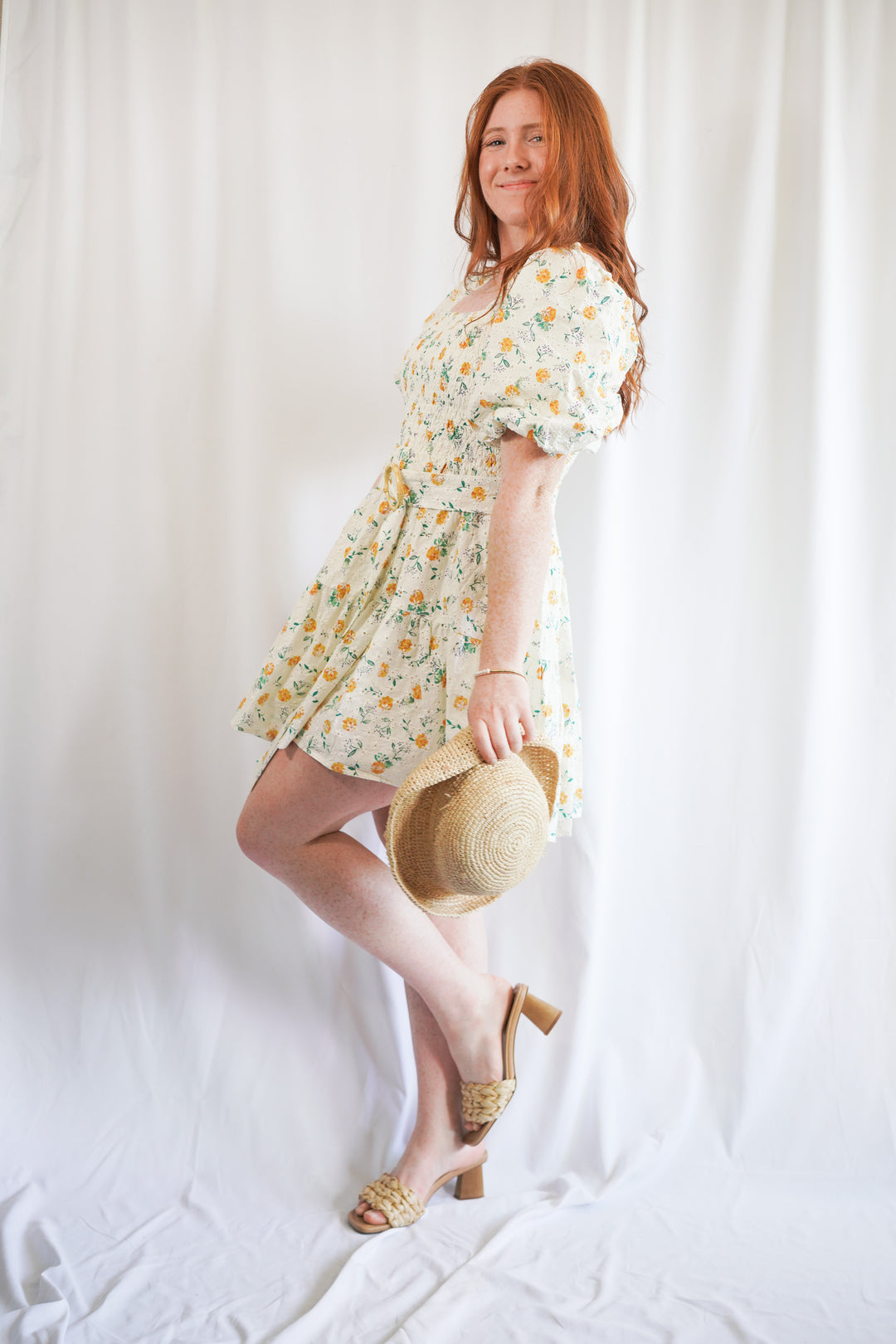 embroidered floral belted mini dress with a short puff sleeve and square neck